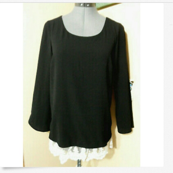 AB STUDIO Layered Chiffon & Lace Blouse S Black LS - Picture 1 of 6